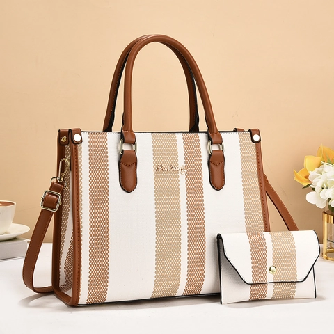 Women Tote Bag And Wallet Vertical Stripe Woven Canvas Handbag Large Capacity Commuter PU Leather Retro Stylish Trendy Bag