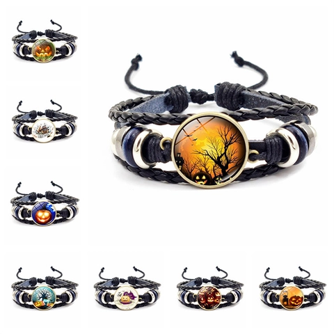 Halloween Braided Leather Bracelet With Alloy Glass Cabochon Pumpkin Bat Pattern Adjustable Retro Punk Jewelry Gift