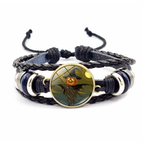 Halloween Braided Leather Bracelet With Alloy Glass Cabochon Pumpkin Bat Pattern Adjustable Retro Punk Jewelry Gift