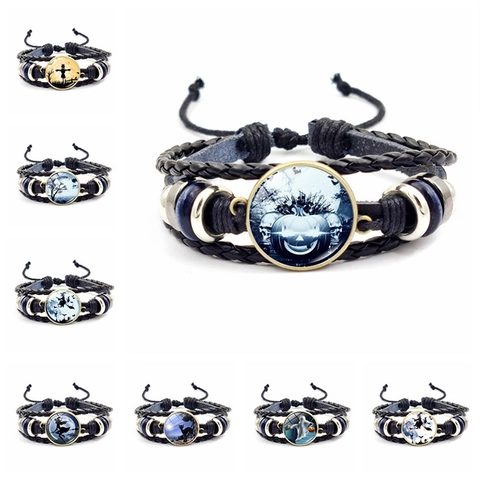 Halloween Geflochtenes Leder Legierung Armband Vintage Glas Cabochon Kürbis Hexe Geist Mehrlagig Armreif Party Unisex Schmuck