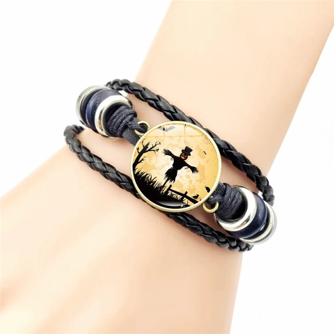Halloween Geflochtenes Leder Legierung Armband Vintage Glas Cabochon Kürbis Hexe Geist Mehrlagig Armreif Party Unisex Schmuck