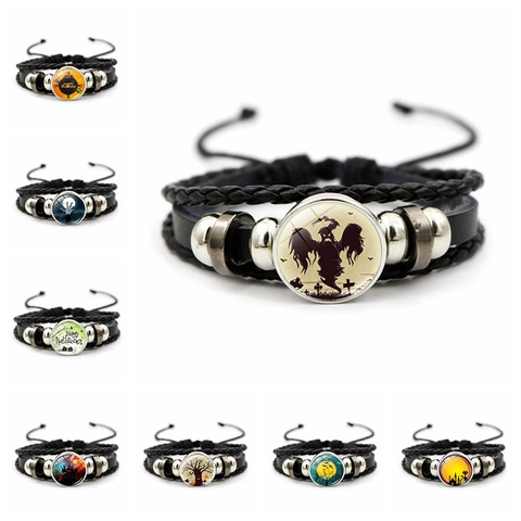 Pulsera Cuero Trenzado Halloween Multicapa Aleación Vidrio Cabuchón Gótico Punk Joyería Fiesta Ajustable Hombres Mujeres