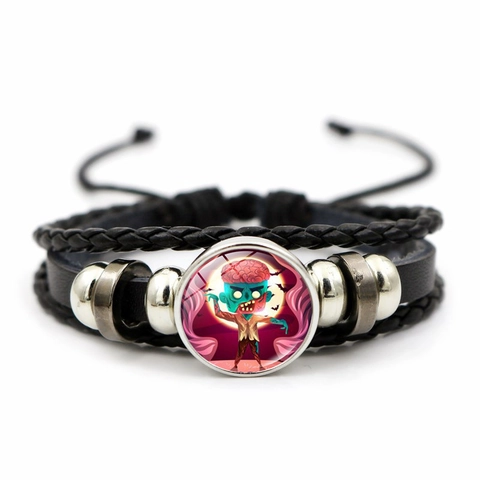 Pulsera Cuero Trenzado Halloween Multicapa Aleación Vidrio Cabuchón Gótico Punk Joyería Fiesta Ajustable Hombres Mujeres