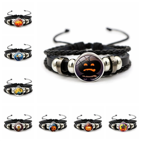 Gevlochten Leren Armband Legering Kralen Multi Layer Halloween Pompoen Glas Cabochon Verstelbaar Punk Mode Voor Heren Dames