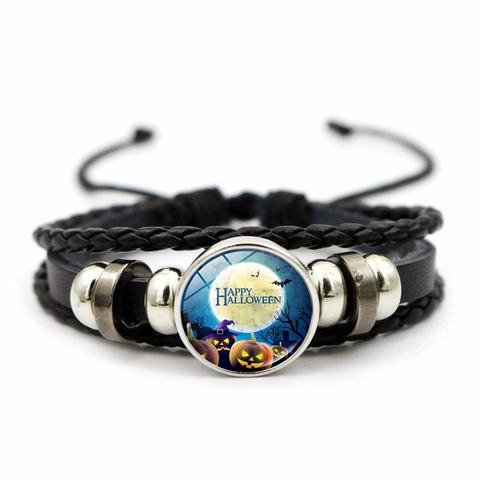 Gevlochten Leren Armband Legering Kralen Multi Layer Halloween Pompoen Glas Cabochon Verstelbaar Punk Mode Voor Heren Dames