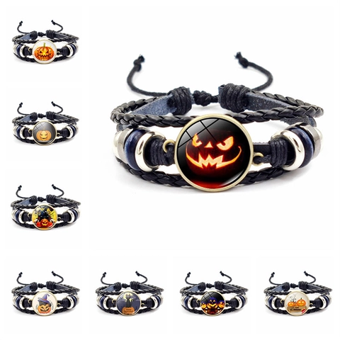 Halloween Braided Leather Bracelet Time Gem Pumpkin Black Cat Ghost Retro Punk Gothic Adjustable Jewelry For Men Women