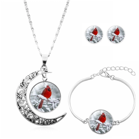 Collana Bracciale Orecchini Uccello Cardinale Rosso Lega Vetro Scena Di Neve Invernale Luna Crescente Gioielli Donna