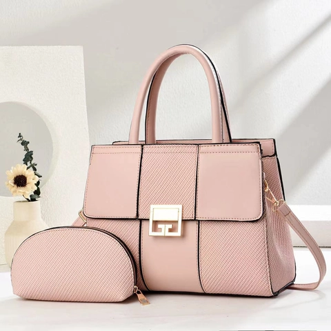 Women Fashion Handbag And Small Pouch PU Leather Woven Splicing Large Capacity Shoulder Crossbody Tote Bag Elegant