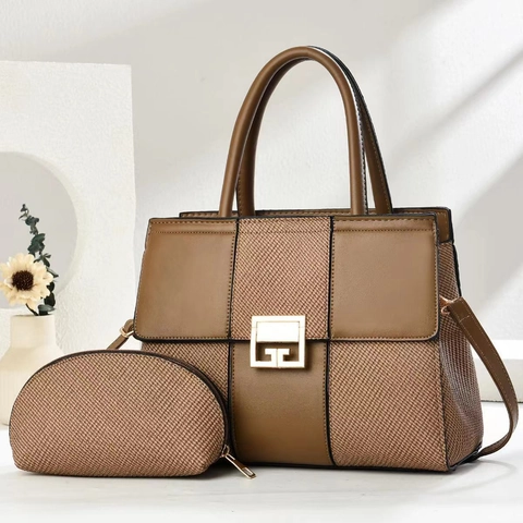 Women Fashion Handbag And Small Pouch PU Leather Woven Splicing Large Capacity Shoulder Crossbody Tote Bag Elegant