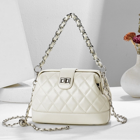 Borsa A Spalla Trapuntata A Rombi Donna Pelle PU Tracolla A Catena Forma Di Conchiglia Moda Versatile Chiusura A Girello