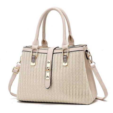 Women Woven Texture PU Leather Handbag Elegant Large Capacity Crossbody Shoulder Bag With Gold Hardware For Daily Work