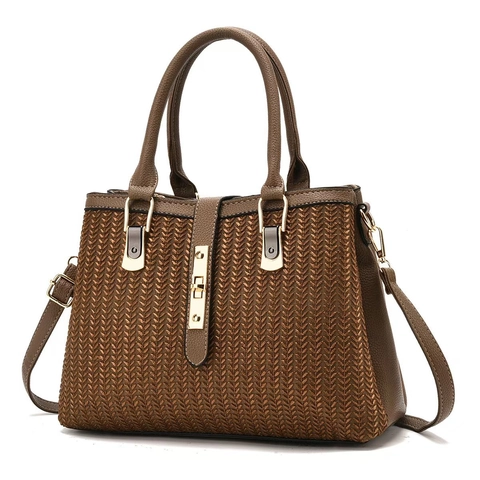 Women Woven Texture PU Leather Handbag Elegant Large Capacity Crossbody Shoulder Bag With Gold Hardware For Daily Work