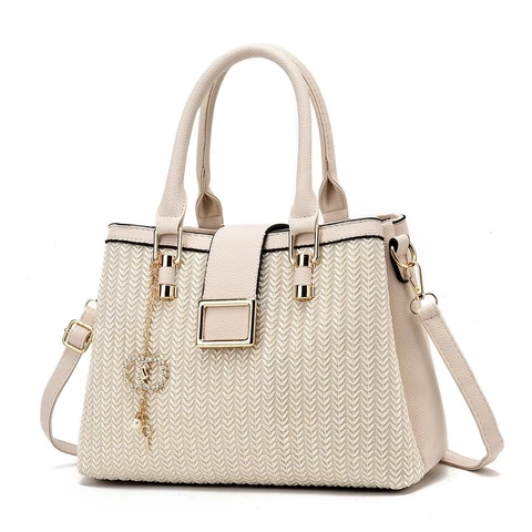 Women Woven Texture PU Leather Handbag Elegant Crossbody Bag Gold Square Lock Pendant Top Handle Shoulder Bag Trendy Satchel