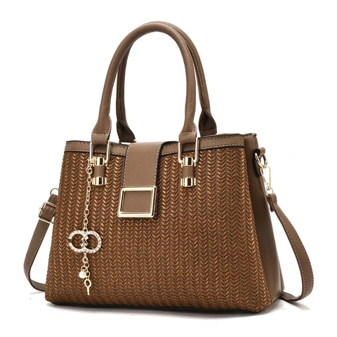 Women Woven Texture PU Leather Handbag Elegant Crossbody Bag Gold Square Lock Pendant Top Handle Shoulder Bag Trendy Satchel
