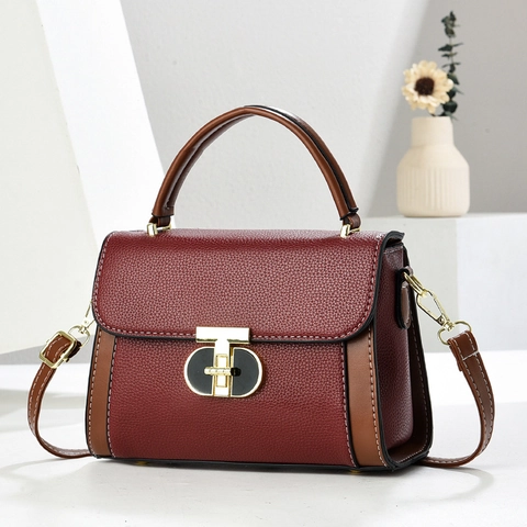 Bolso de Mano de Cuero PU con Grano de Lichi Vintage para Mujer Color de Contraste Bolso Bandolera Viajero Con Cierre Giratorio