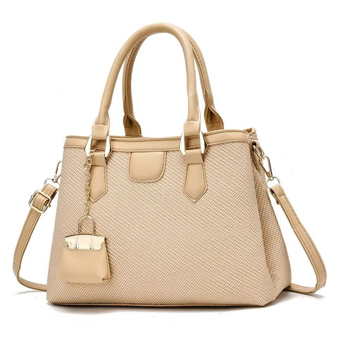 Dames Geweven Textuur PU Leer Handtas Grote Capaciteit Crossbody Schoudertas Met Mini Tas Hanger Mode Daily Tote Bag