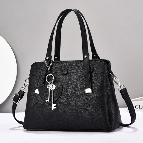 Women Litchi Pattern PU Leather Handbag With Heart Pendant Metal Key Charm Shoulder Crossbody Bag Large Capacity Commuter Top Handle Bag