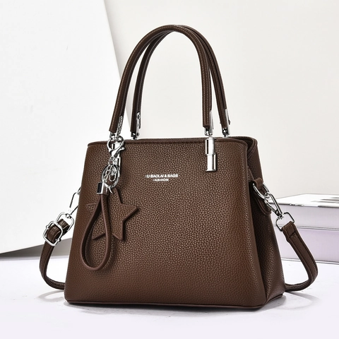 Bolso De Mano Para Mujer Cuero PU Textura Lichi Multi-Compartimento Trabajo Bolso De Hombro Con Estrella