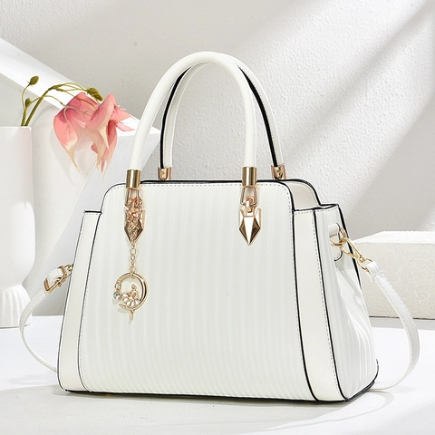 Borsa a Mano da Donna in Pelle PU con Motivo Plissettato Verticale Borsa Tote Con Ciondolo Ballerina Borsa a Tracolla per Pendolari