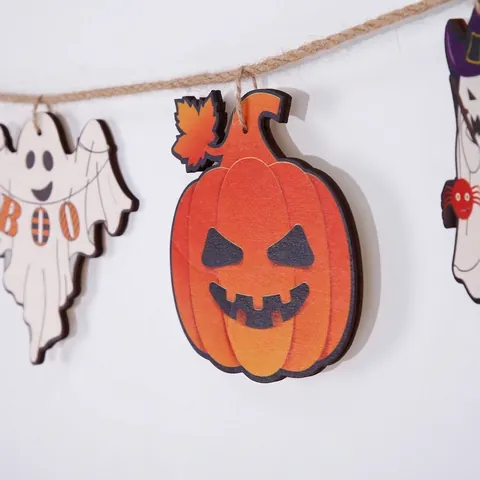 Ensemble de Banderoles Suspendues en Bois d'Halloween Motif Citrouille Fantôme Chauve-souris Accessoires de Fête