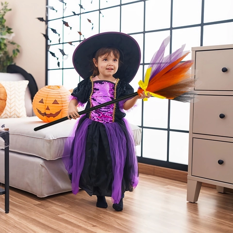 Halloween LED Light Up Witch Broom Prop For Kids Women Mesh Splicing Broomstick Ribbon Bow Halloween Cosplay Party Decoration
