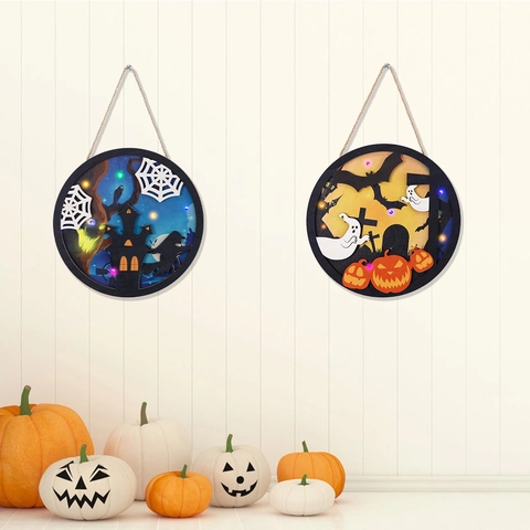 Halloween LED Wooden Sign Pumpkin Ghost Bat Castle Pattern 3D Hollow Hanging Ornament With Light For Party Home Decor