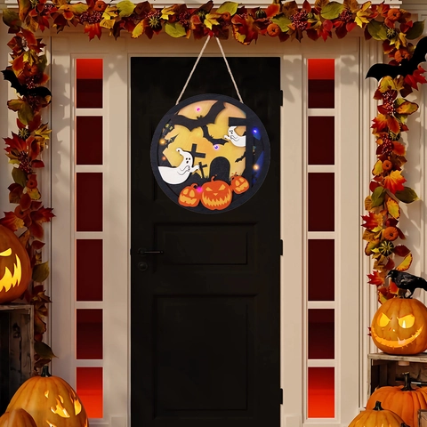 Cartel de Madera con Luces LED para Halloween Placa Colgante de Fantasma Calabaza Castillo Telaraña para Decoración de Puerta Pared