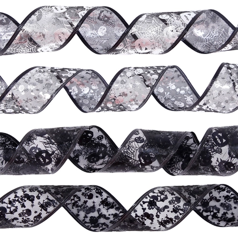 Halloween Double Layer Mesh Ribbon With LED Light Bronzing Pumpkin Spider Skull Pattern Wired Edge Ribbon For Party Decor