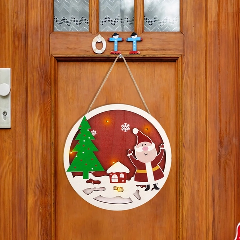 LED Light Christmas Wooden Round Hanging Sign Santa Claus Elk Snowman Pattern Holiday Door Wall Ornament Festive Atmosphere Decoration