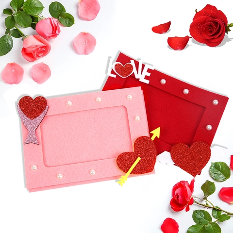 Valentine Day Heart Shaped Photo Frame Felt Romantic Wedding Decor DIY Picture Holder Faux Artificial Pearls Glitter Love Wings