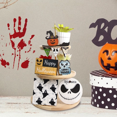 Halloween Etagen-Tablett Dekoration Set Holz Kürbis Geist Schilder Für Saisonale Tisch Party Heim Deko Ornamente