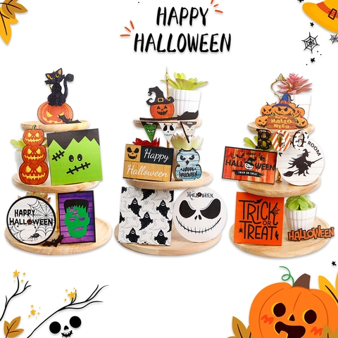 Halloween Etagen-Tablett Dekoration Set Holz Kürbis Geist Schilder Für Saisonale Tisch Party Heim Deko Ornamente