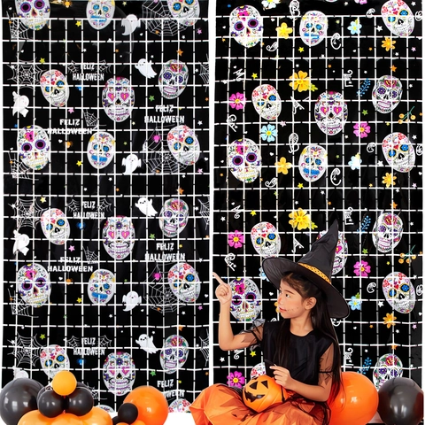Halloween Suiker Schedel Vierkante Folie Franje Gordijn Foto Achtergrond Voor Feest Muur Decor Spookhuis Decoratie