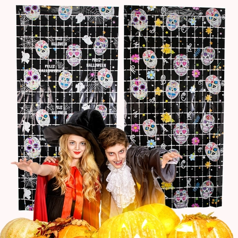 Halloween Tag Der Toten PET Folien Fransen Vorhang Totenkopf Spinnennetz Muster Festlich Party Kulisse Tür Dekoration