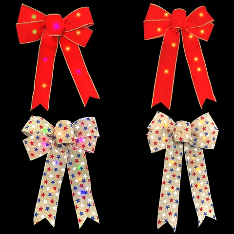 LED Leuchtende Weihnachtsschleife DIY Materialpaket Sterndruck Sackleinen Samt Schleife Ornament Für Weihnachtsbaum Haus Deko