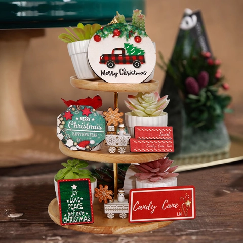 Wood Christmas Tiered Tray Decor Set Rustic Farmhouse Table Centerpiece Signs Festive Holiday Party Ornaments For Home Bar
