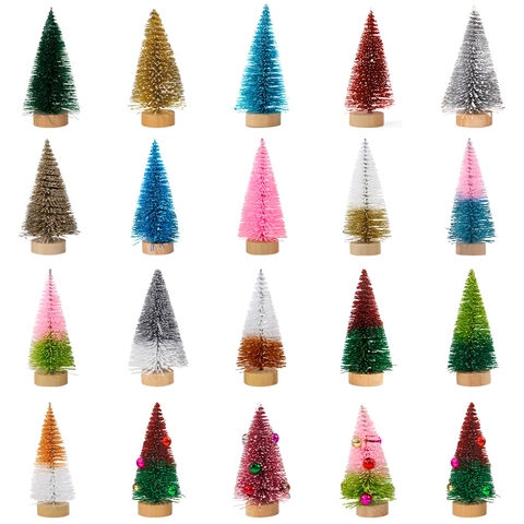 Mini Albero Di Natale Decorazione Da Tavolo Pino Di Sisal Artificiale Con Base In Legno Glitter Design Neve Campanelli Per Decorazione