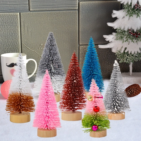 Mini Albero Di Natale Decorazione Da Tavolo Pino Di Sisal Artificiale Con Base In Legno Glitter Design Neve Campanelli Per Decorazione