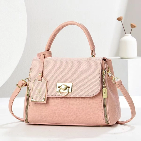 Borsa A Mano Da Donna Pelle PU Motivo Litchi Patta Intrecciata Serratura Anello Oro Tracolla Rimovibile Satchel Versatile