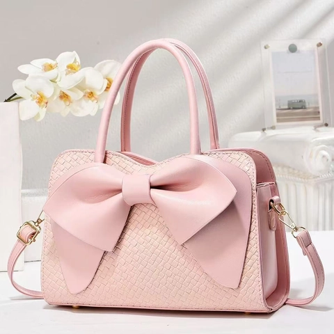 Women Handbag PU Leather Large Bowknot Woven Texture Elegant Shoulder Crossbody Bag Chic Top Handle Satchel