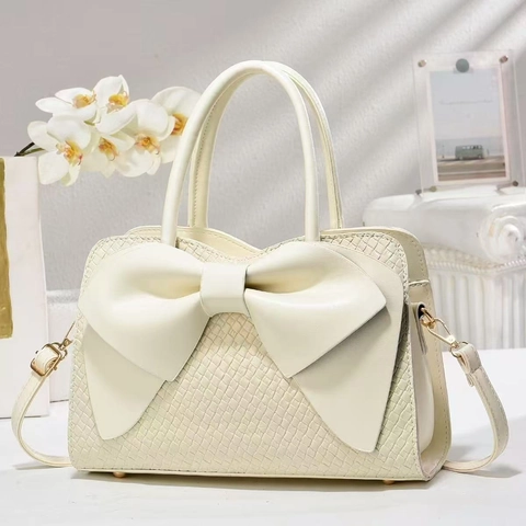 Women Handbag PU Leather Large Bowknot Woven Texture Elegant Shoulder Crossbody Bag Chic Top Handle Satchel