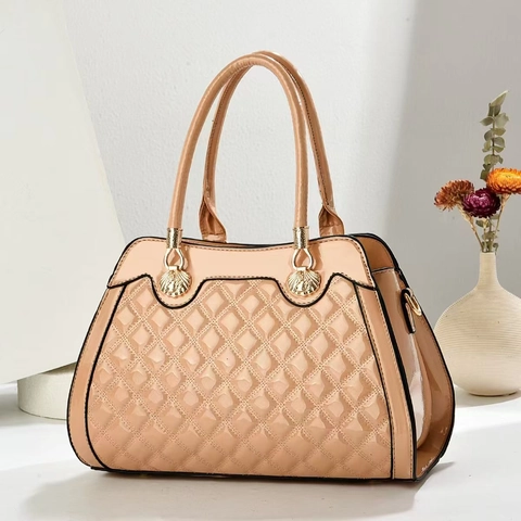 Dames Handtas Lakleer Gewatteerd Ruitpatroon Schoudertas Met Gouden Schelp Beslag Elegant