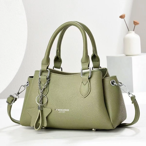 Fashion Women Handbag PU Leather Litchi Grain Double Handle Detachable Shoulder Strap Star Charm Versatile Crossbody Tote Bag