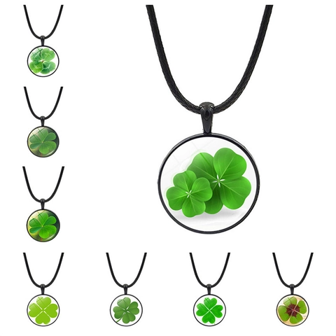 Collana con Ciondolo Quadrifoglio Portafortuna Vintage in Lega di Zinco Vetro Gemma del Tempo Portafortuna Con Cordino in Cuoio Nero Per Donna Uomo Regalo