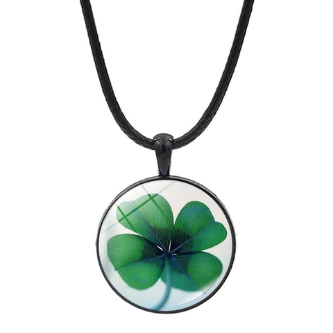 Collana con Ciondolo Quadrifoglio Portafortuna Vintage in Lega di Zinco Vetro Gemma del Tempo Portafortuna Con Cordino in Cuoio Nero Per Donna Uomo Regalo