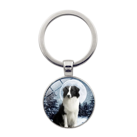 Portachiavi in Vetro con Gemma del Tempo Border Collie Pendente Tondo in Lega di Zinco Regalo per Amanti dei Cani