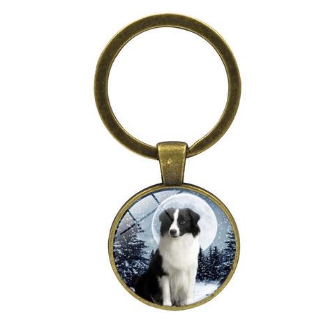 Portachiavi in Vetro con Gemma del Tempo Border Collie Pendente Tondo in Lega di Zinco Regalo per Amanti dei Cani