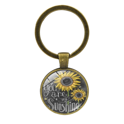 Vintage Sunflower You Are My Sunshine Glass Cabochon Keychain Zinc Alloy Metal Key Ring Jewelry For Friends Gift