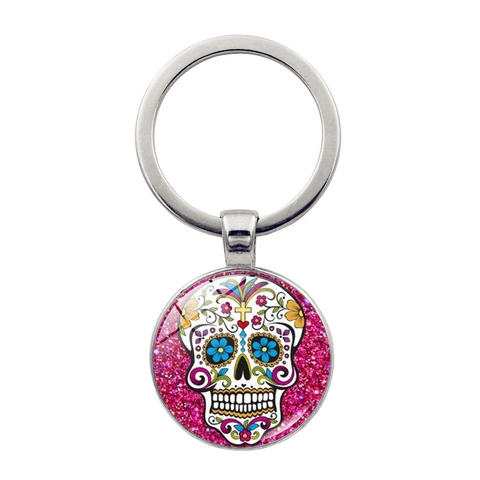 Zucker Schädel Schlüsselanhänger Mexiko Tag Der Toten Calavera Metall Glas Anhänger Rosa Glitzer Accessoire