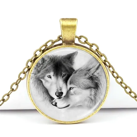 Artistic Wolves Pendant Necklace Zinc Alloy Glass Cabochon Retro Animal Jewelry Vintage Style Necklaces For Men Women